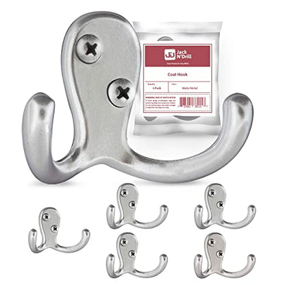Jack N’ Drill Coat Hook 5+1 Pack in Matte Nickel, Heavy Duty and Easy to Install Two-Prong Wall Hooks for Towels, Coats, Hats, Bags and Robes Ideal for Use at Home, Kitchen, Bathroom and Office - color: Matte Nickel