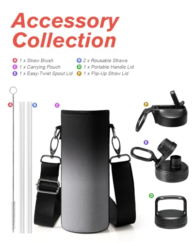 Coolflask 24 oz Insulated Water Bottle with Straw & 3 Leakproof Lids - color: Piano Night, size: 24 Ounces