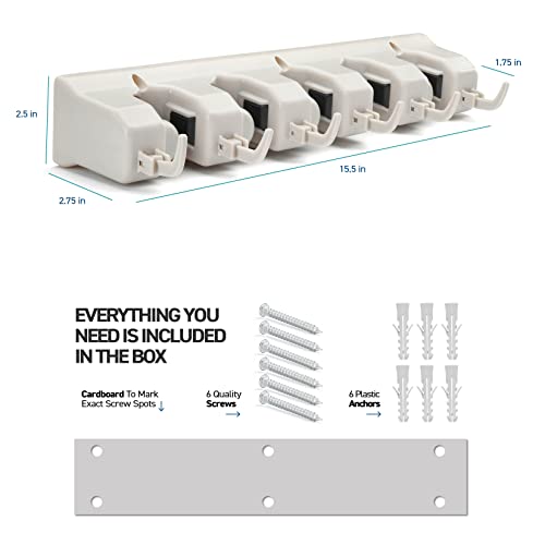 HOME IT Mop and Broom Holder Wall Mount Hanger, Heavy Duty 5 Slots 4Hooks - color: Off-White, size: 1 Pack 5-position, 6-Hooks