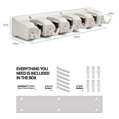 HOME IT Mop and Broom Holder Wall Mount Hanger, Heavy Duty 5 Slots 4Hooks - color: Off-White, size: 1 Pack 5-position, 6-Hooks