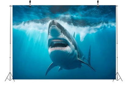 BELECO 20x10ft Fabric Shark Under The Sea Backdrop Ocean Shark Underwater Blue Sea Waves Great White Shark Aquarium Background Shark Theme Party Decorations Birthday Photoshoot Studio Props Wallpaper - size: 20x10FT