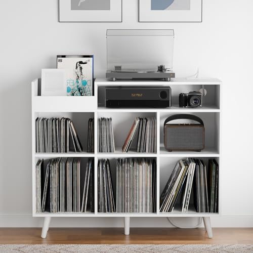 Large Record Player Stand with Vinyl Storage Cabinet, Wood Turntable Table Open Shelf Holder Up to 500 Albums Cube Storage Organizer for Living Room, Office, White