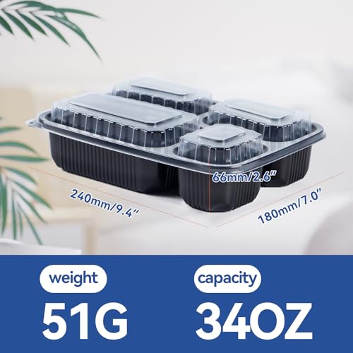 To Go Containers 40 Pack 34oz - Shrink-Wrapped Ready to Use | 4-Compartment Leak-Resistant No Pre-Wash | BPA Free Shatterproof Flexible PP | Microwave Safe, Catering & Leftover Storage - size: 34 oz