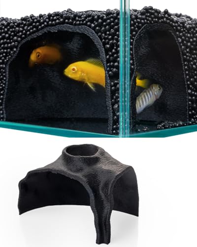 Aquarium Cave – Rock Texture Fish Shelter with 180° Viewing Angle, Betta Fish Tank Accessories, Shrimp & Snails – Aquarium Decor & Tunnel (Black)