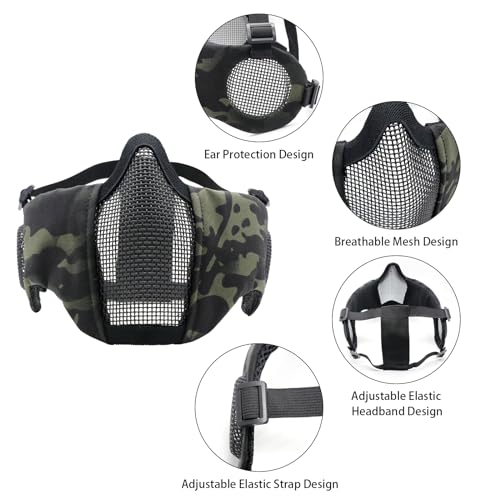Airsoft Mask with Goggles, Foldable Half Face Airsoft Mesh Mask with Ear Protection for Paintball Shooting Cosplay CS Game - color: 3-BCP-3PCS, size: 3pcs