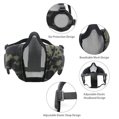 Airsoft Mask with Goggles, Foldable Half Face Airsoft Mesh Mask with Ear Protection for Paintball Shooting Cosplay CS Game - color: 3-BCP-3PCS, size: 3pcs
