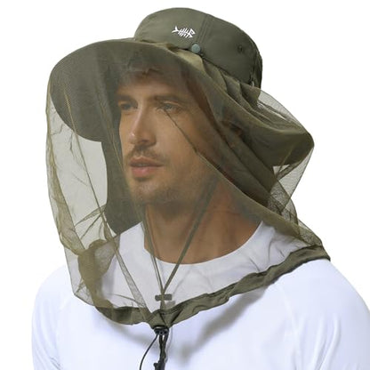 BASSDASH UPF 50+ Mosquito Sun Hat with Hidden Head Net and Neck Flap for Men Women Outdoor Fishing Hiking Camping - color: Army Green