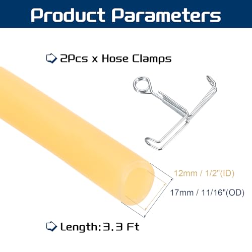 PATIKIL 3.3 Ft(1M) Natural Latex Rubber Tubing, 1/2"(12mm) ID x 11/16"(17mm) OD Sling Shot Rubber Tubing Tube with Hose Clamps for Exercise, Stretching, Laboratory, Home Hose Tube - size: 12mm ID x 17mm OD