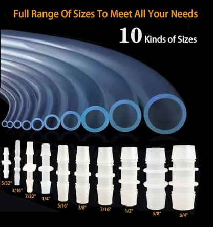 50Pcs Plastic Hose Barb Fittings Assortment, 10 Sizes of Equal Barbed Hose Pipe Fitting Connector Adapter Union Splicer Joint for Air Gas Water Liquid Fuel Line Catheter Tube Pump Adapters