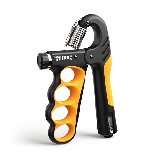 MACYO Grip Strength Trainer with Wider Handles - Adjustable Hand Grip Strengthener 11-220Lbs(5-100KG) for Large Hands, Automatic Counter & Ergonomic Design, Comfortable Forearm Workout for Athletes, Injury Recovery - color: Orange
