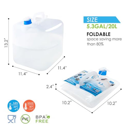 Collapsible Water Container with Spigot, 2×5.3 Gallon BPA Free Camping Water Storage Jug Carrier, for Outdoors Hiking Backpack RV Travel & Emergency, Portable Foldable Survival Water Canteen