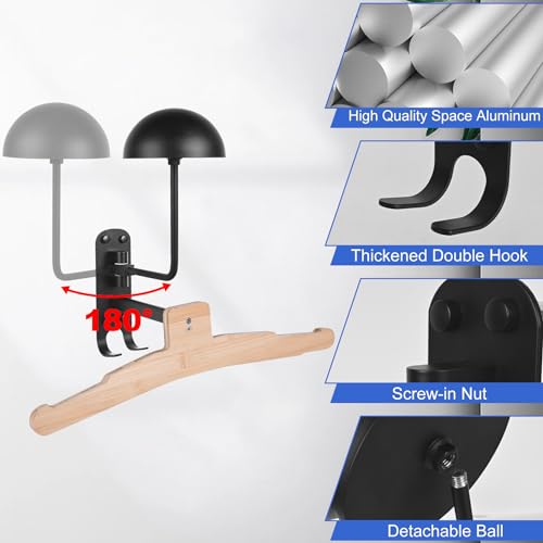 Kikerike Metal Bike Helmet Rack Wall Mount - 180 Degree Rotation, Stand with Wood Hanger & 2 Hooks for Motorcycle, Bike, Baseball, Rugby Helmets - 1 Pack - color: Black(1PCS with Hanger)