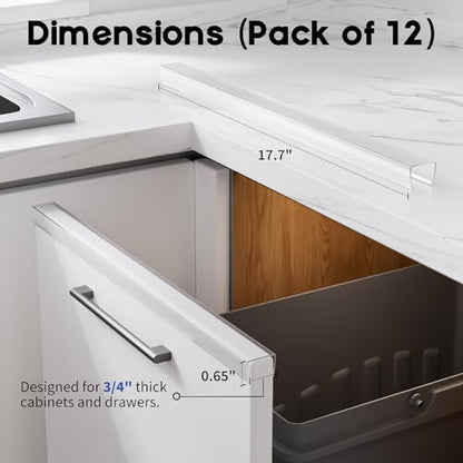 Cabinet Protector Edge Guard (Pack of 12), 17.7" Clear PVC Cabinet Edge Protectors for 3/4" Thick Kitchen Cabinets Doors – Slip-On No-Tool Sliding Installation - size: 17.7 Inches