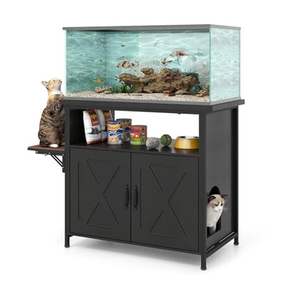 40-50 Gallon Fish Tank Stand with Hidden Cat Litter Box Enclosure Furniture, Cat Viewing Aquarium Stand with Storage Shelf & Side Cat Perch, 36.2"x20.5" Tabletop, 660 LBS Capacity - color: Black