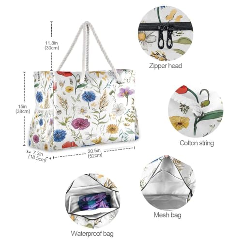 senya Large Beach Bags Totes Canvas Tote Shoulder Bag Soft Wave Water Resistant Bags for Gym Travel Daily Ocean - color: Hand Drawn Flowers