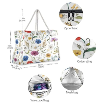 senya Large Beach Bags Totes Canvas Tote Shoulder Bag Soft Wave Water Resistant Bags for Gym Travel Daily Ocean - color: Hand Drawn Flowers