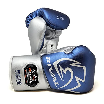 RIVAL Boxing RS100 Professional Lace-Up Sparring Gloves, Handcrafted with Super-Rich Microfiber PU, Ergonomically Designed to Perfectly Fit Your Hand - color: Blue/Silver, size: 14 oz.