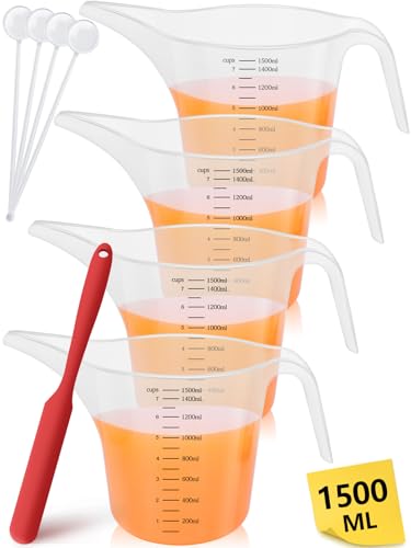 4 Pack 1500ml/50oz Long Spout Funnel Pitcher with Stirring Rods – Measuring Cups for Resin, Paint, Epoxy, Crafts, Soap Making, Durable and Easy to Pour, Great for Mixing, Measuring, Transfer Tasks