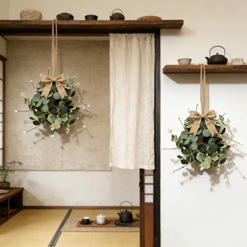 4 Pcs Small Eucalyptus Hanging Wreaths for Cabinets Artificial Greenery Mini Candle Ring Wreath with White Bud Stems and Linen Ribbon for Home Kitchen Front Door Window Wall Wedding Farmhouse Decor
