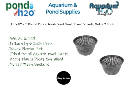 Pond H2o 8" (20cm) Round Water Garden Aquatic Plastic Mesh Pond Plant Flower Basket, Value 2 Pack, Planting Lily Pot Bin, Slotted Mesh Net Planter Pots Baskets Aquaponics, Hydroponics