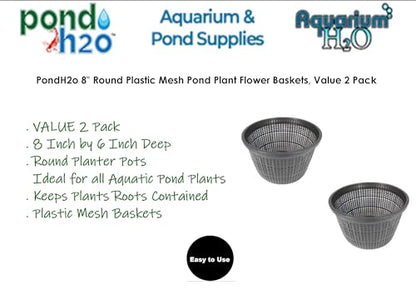 Pond H2o 8" (20cm) Round Water Garden Aquatic Plastic Mesh Pond Plant Flower Basket, Value 2 Pack, Planting Lily Pot Bin, Slotted Mesh Net Planter Pots Baskets Aquaponics, Hydroponics