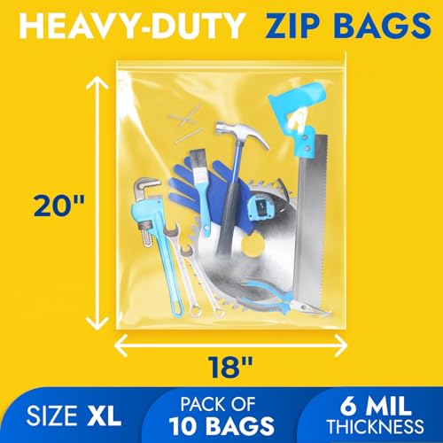 18" x 20" Reclosable Plastic Zip Bags, Pack of 10, 6 Mil Heavy-Duty Clear Poly Bags, Resealable for Food, Clothes, Hardware, Jewelry - size: 18"W x 20"H