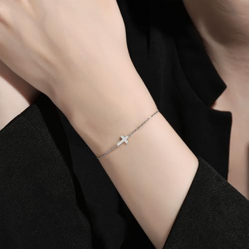 18K Gold Plated Small Cross Bracelet for Women | Tiny Cute Cross Bracelets | Beaded Bracelet | Hip Hop Knot | Hand Chain Bracelets | Gold Jewelry Gifts for Women - color: Cross Silver