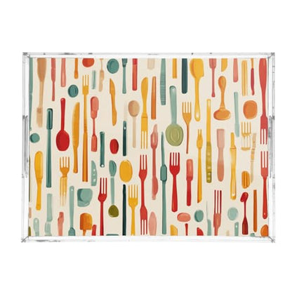 Acrylic Tray Clear Serving Vanity Ottoman Bathroom Coffee Table Countertop Organizer Raised Edge Spill Proof Cartoon Knives Forks Spoons - color: Cartoon Knives Forks Spoons