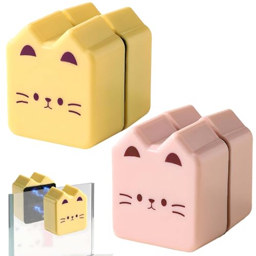 2 Pieces Cat Shape Aquarium Magnetic Brush - Double-Sided Algae Scraper for Glass Aquariums, Fish Tank Stain Cleaner, Mini Scrubber with Strong Magnetic and Scratch-Free (Pink Yellow)