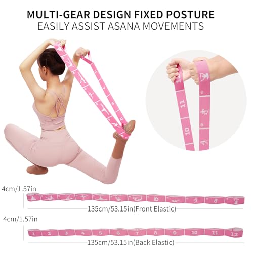 12 Loop Resistance Stretch Band, Numbered Flexibility Strap for Exercise, Physical Therapy, Yoga, Pilates, Dance, Gymnastics and Rehab Training, Adjustable Stretching for Splits, Ballet,Home Workouts - color: Pink