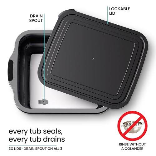 Collapsible BBQ Prep Tub with Lids & Drain Spouts, 3 Pack Portable Meat Marinating & Grilling Trays, Cutting Board Food Storage Containers for Outdoor Cooking & Camping, Great Fathers Day Gift for Dad