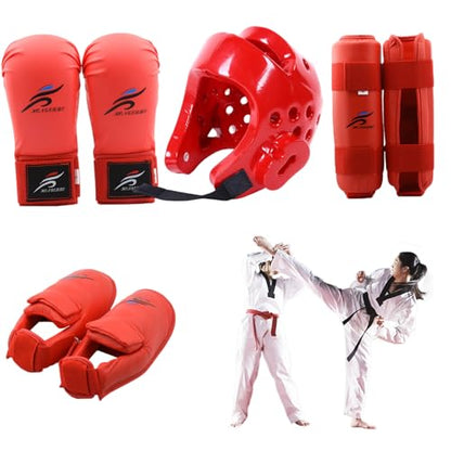 Red Sparring Gear Set, Boxing Headgear Safety Helmet Karate Gloves Karate Shin Guards Boxing Gear Equipment for Beginner Kid Adult Protective Training M