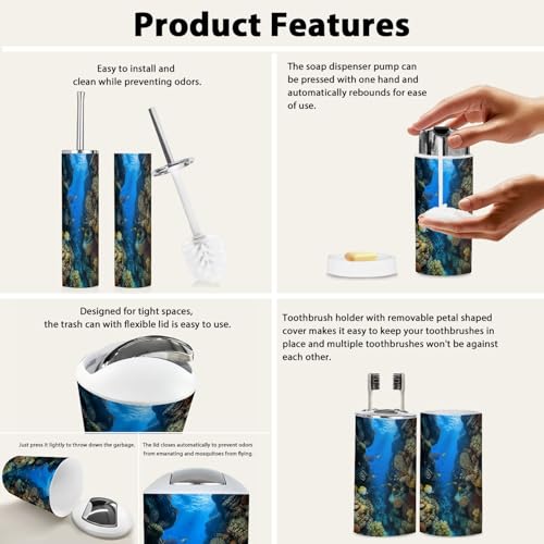 Bathroom Accessory Set 6PCS Sentosa Aquarium Trash Can, Soap Dispenser, Toothbrush Holder, Toothbrush Cup, Toilet Brush Holder, Soap Dish for Gift