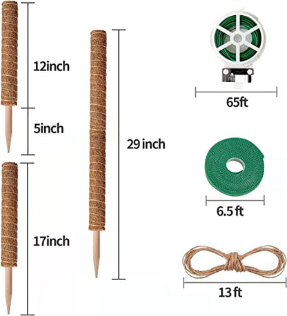 8 Pcs Moss Pole for Plants Monstera, Plant Support Stakes for Indoor Climbing Plants Grow Upwards, with 65ft Twist Ties, 13ft Jute Rope, 6.5ft Hook-and-Loop Strip - size: 8 Packs
