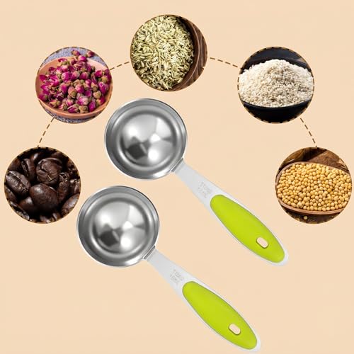 2 Pcs 1 Tbsp (3tsp, 15ml, 1/2oz) Single Measuring Spoons, Stainless Steel with Green Silicone Grip Long Handle Measuring Scoop for Coffee Pet Food Grains Protein Spices Dry Goods - color: Green
