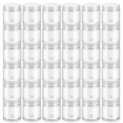 36 Pack 2 OZ Plastic Jars with Lids, BPA Free, Reusable, Refillable Transparent Cosmetic Containers for Bath Salts, Cosmetics, Powders, Beauty Product and Small Accessories - White