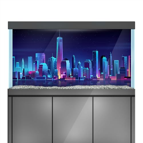 Aquarium Background Stickers - City Skyline Building Night - Fish Tank Reptile Terrarium Decor Poster (60 x 40 cm / (23.6 x 15.7 inches))