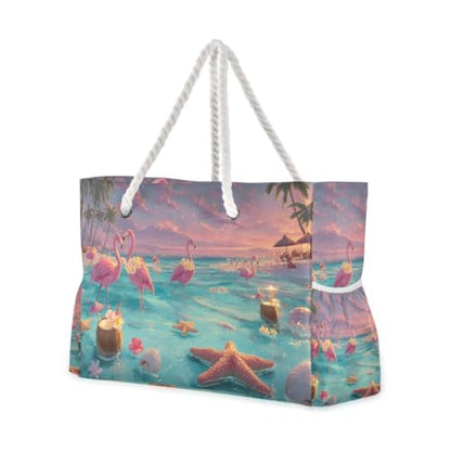 senya Large Beach Bags Totes Canvas Tote Shoulder Bag Soft Wave Water Resistant Bags for Gym Travel Daily Ocean - color: Hawaii Beach Two Flamingo