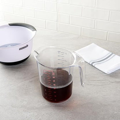 Restaurantware RW Base 2 Quart Measuring Jar 1 Durable Measuring Beaker - Metric And Imperial Units V-Shaped Spout Clear Plastic Measuring Cup Handle With Thumb-Grip Tolerates Up To 248F - color: Clear, size: 7.75" × 6.00" × 7.50"