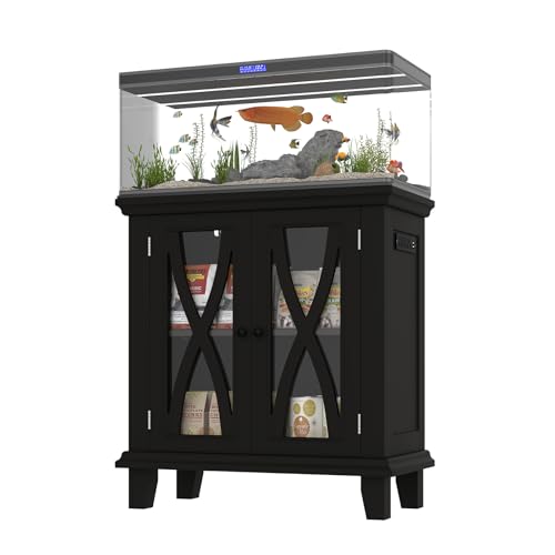 20 Gallon Fish Tank Stand with Cabinet Storage and Power Outlets (4 AC 2 USB), Modern Aquarium Cabinet with Adjustable Shelves, MDF Frame, 298LBS Capacity, Black