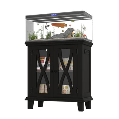 20 Gallon Fish Tank Stand with Cabinet Storage and Power Outlets (4 AC 2 USB), Modern Aquarium Cabinet with Adjustable Shelves, MDF Frame, 298LBS Capacity, Black
