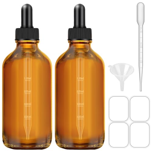 2 Pack 4 oz Amber Dropper Bottles, Tincture Bottles with Dropper, Glass Serum Bottle with Dropper for Essential Oils with Funnel, Labels & Pipette(Unbreakable Plastic Eye Dropper) - color: Amber