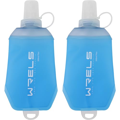 WRELS 200ml/350ml/500ml Collapsible Soft Flask,BPA Free Folding Soft Water Bottle with Hanging Ring,Lightweight TPU Hydration Flask for Running Marathon Cycling Hiking(200ml-2 Packs) - color: Blue-200ml*2