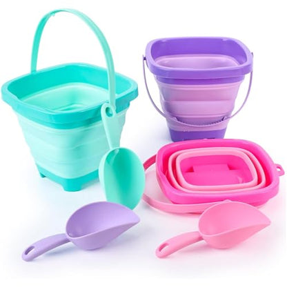 3 PCS Collapsible Bucket Set, Foldable Beach Buckets with Shovels, Travel Sand Toys for Kids Outdoor, Beach Vacation Essentials, Camping Traveling, Fun Summer Activities