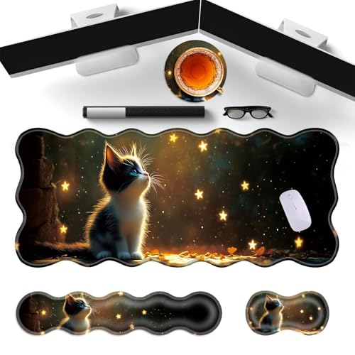 Large Gaming Mouse Pad, Keyboard Wrist Rest Pad & Wrist Support Mousepad Set, Stitched Edge, Extended, Non-Slip Base, Memory Foam Desk Mat for Office, Home,Cute Kitten - color: Cute Kitten