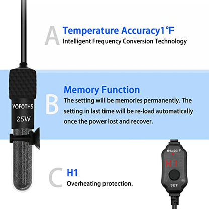 Adjustable Mini Aquarium Heater3-5 Gallons Submersible Small Fish Tank Heater 25W Digital Display Thermostat External Temperature Controller (25W) - size: 25W