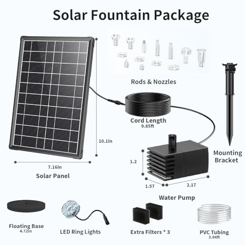 8W Solar Fountain Pump Built-in 3600mAh Battery & LED Lights, Solar Powered Water Pump with Double-Layer Nozzle & 5ft Tubing, Solar Water Fountain For Bird Bath Pond Garden DIY Water Features - size: 8W