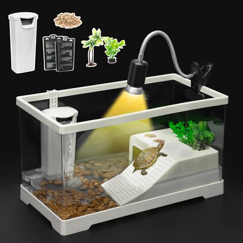 Large Turtle Tank Kit,Turtle Starter Habitat with Filter, Filter Plates,Basking Platform,Light,Stone,Plants,Durable PC Indoor Aquarium for Red Eared Sliders, Baby Tortoises and Small Aquatic Pets - color: White, size: Large(15.8*7.8*8.7inch)
