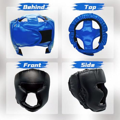 Boxing Gloves and Headgear Set for Adults 2 Pair Gloves and 2 Head Guards - color: BlackBlue