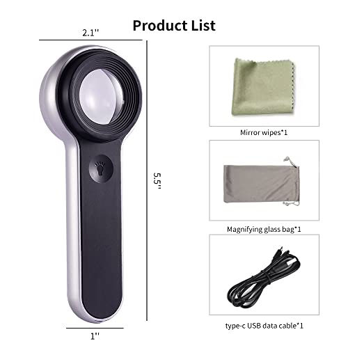 60x Illuminated Rechargeable Magnifier with Dual Coated Lenses, LED/UV Illuminated, Designed for Restoration Jewelry Identification, Close Work, Repair, Gardening, Stamps, Rock Collecting